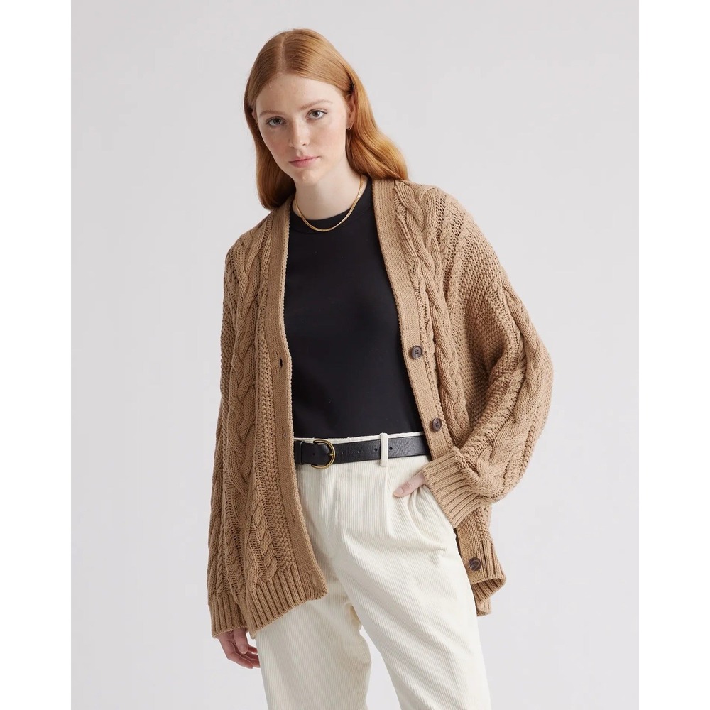 Quince 100% Organic Cotton Oversized Chunky Cable-Knit Cardigan Camel Size Large